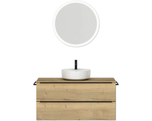 Badmöbel-Set NOBILIA Programm 3 BxHxT 121 x 169,1 x 48,7 cm Frontfarbe eiche natur mit Aufsatz-Waschtisch weiß und Spiegel rund mit LED-Beleuchtung Griffleiste schwarz 519 Badezimmer Waschtischkombination mit Aufsatzwaschbecken und beleuchtetem Spiegel