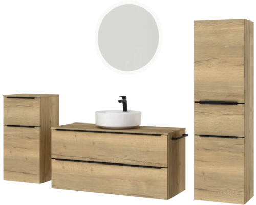 Badezimmerensemble mit Waschtischunterschrank, Waschbecken, Spiegelschrank und Hochschrank