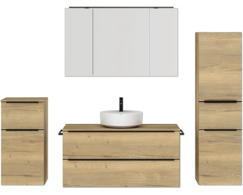 Badmöbel-Set NOBILIA Programm 3 BxHxT 230 x 169,1 x 48,7 cm Frontfarbe eiche natur mit Aufsatz-Waschtisch und Spiegelschrank 3-türig mit LED-Beleuchtung Unterschrank Midischrank Griffleiste schwarz 535 Badezimmer-Set mit Waschtisch, Aufsatzwaschbecken, Spiegelschrank und Hochschränken im Holzdekor