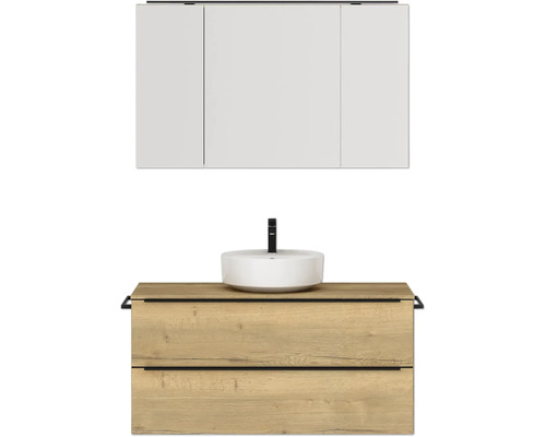 Badmöbel-Set NOBILIA Programm 3 BxHxT 121 x 169,1 x 48,7 cm Frontfarbe eiche natur mit Aufsatz-Waschtisch und Spiegelschrank 3-türig mit LED-Beleuchtung Griffleiste schwarz 511 Waschtischkombination mit Aufsatzwaschbecken und Spiegelschrank für das Badezimmer