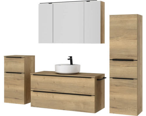 Badezimmergarnitur mit Waschbecken, Unterschrank, Seitenschrank, Spiegelschrank