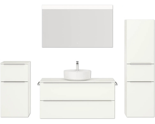 Badmöbel-Set NOBILIA Programm 3 BxHxT 230 x 169,1 x 48,7 cm Frontfarbe weiß matt mit Aufsatz-Waschtisch weiß und Spiegel mit LED-Beleuchtung Midischrank Unterschrank Griffleiste chrom matt 520