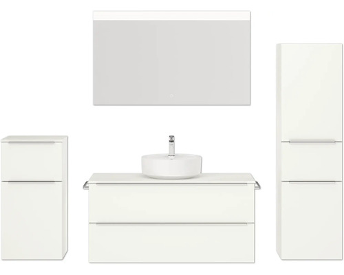 Badmöbel-Set NOBILIA Programm 3 BxHxT 230 x 169,1 x 48,7 cm Frontfarbe weiß matt mit Aufsatz-Waschtisch weiß und Spiegel mit LED-Beleuchtung Midischrank Unterschrank Griffleiste chrom matt 520 Badezimmer mit Waschtisch, Spiegel, Aufsatzwaschbecken und Schrank