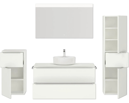 Modernes Badezimmer-Set mit Waschtischunterschrank, Aufsatzwaschbecken, Spiegelschrank und Hochschränken