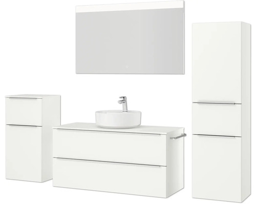 Badezimmer-Set mit Waschtisch, Aufsatzwaschbecken, Spiegelschrank und Hochschränken