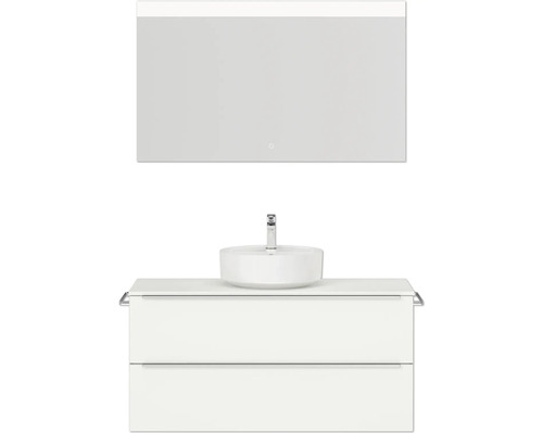 Badmöbel-Set NOBILIA Programm 3 BxHxT 121 x 169,1 x 48,7 cm Frontfarbe weiß matt mit Aufsatz-Waschtisch weiß und Spiegel mit LED-Beleuchtung Griffleiste chrom matt 496