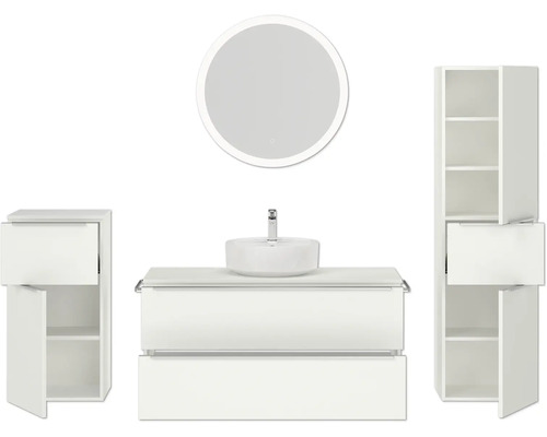 Badezimmerensemble mit Waschtisch, Spiegel und Schränken