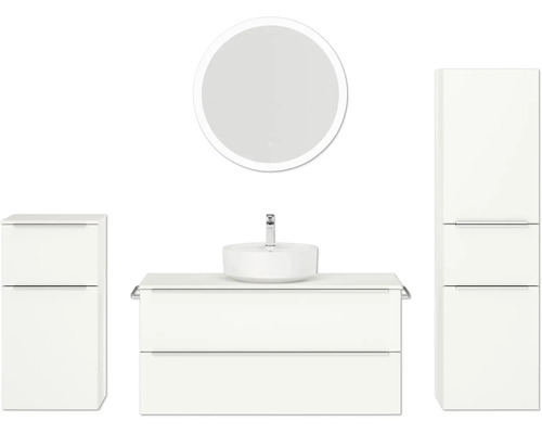 Badmöbel-Set NOBILIA Programm 3 BxHxT 230 x 169,1 x 48,7 cm Frontfarbe weiß matt mit Aufsatz-Waschtisch weiß und Spiegel rund mit LED-Beleuchtung Midischrank Unterschrank Griffleiste chrom matt 536 Badezimmerensemble mit Waschtisch, Spiegel und Schränken