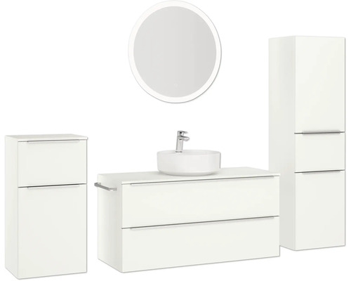 Modernes Badezimmer-Set mit Waschtisch, Aufsatzwaschbecken, Spiegelschrank und Hochschrank