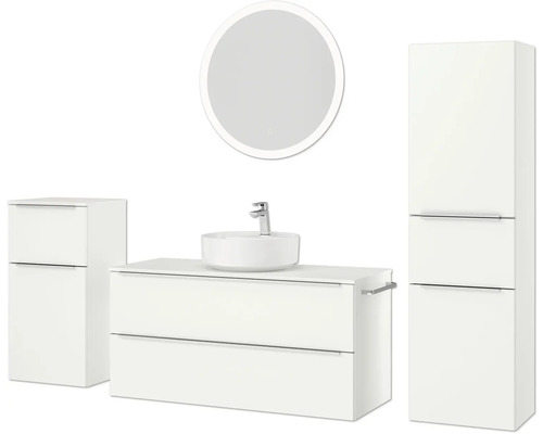 Badezimmer-Set mit Waschtisch, Aufsatzwaschbecken, Spiegelschrank und Hochschrank