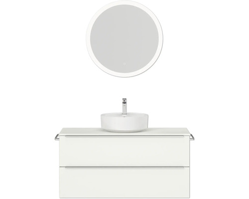 Badmöbel-Set NOBILIA Programm 3 BxHxT 121 x 169,1 x 48,7 cm Frontfarbe weiß matt mit Aufsatz-Waschtisch weiß und Spiegel rund mit LED-Beleuchtung Griffleiste chrom matt 512