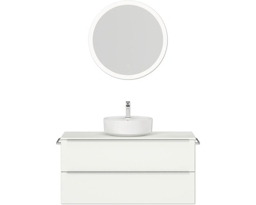 Badmöbel-Set NOBILIA Programm 3 BxHxT 121 x 169,1 x 48,7 cm Frontfarbe weiß matt mit Aufsatz-Waschtisch weiß und Spiegel rund mit LED-Beleuchtung Griffleiste chrom matt 512 Waschtischkombination mit Aufsatzwaschbecken und rundem Spiegel mit Beleuchtung