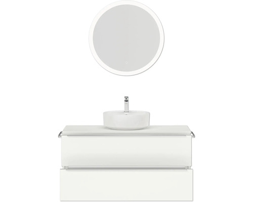 Waschtisch mit Aufsatzwaschbecken, Armatur und Spiegel mit Beleuchtung