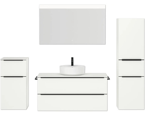 Badmöbel-Set NOBILIA Programm 3 BxHxT 230 x 169,1 x 48,7 cm Frontfarbe weiß matt mit Aufsatz-Waschtisch weiß und Spiegel mit LED-Beleuchtung Midischrank Unterschrank Griffleiste schwarz 521