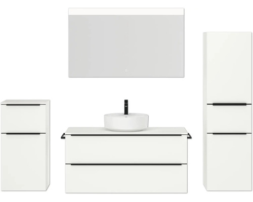Badmöbel-Set NOBILIA Programm 3 BxHxT 230 x 169,1 x 48,7 cm Frontfarbe weiß matt mit Aufsatz-Waschtisch weiß und Spiegel mit LED-Beleuchtung Midischrank Unterschrank Griffleiste schwarz 521 Badezimmer-Set mit Waschtisch, Aufsatzwaschbecken, Spiegelschrank und Hochschrank