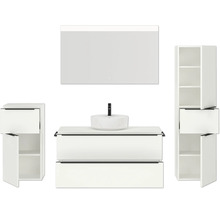 Badezimmerensemble mit Waschtischunterschrank, Aufsatzwaschbecken, Spiegelschrank und Hochschrank
