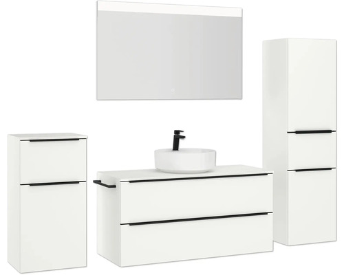 Kompletter Badezimmerwaschtisch mit Waschtischunterschrank, Spiegelschrank, Waschbecken und Hochschrank