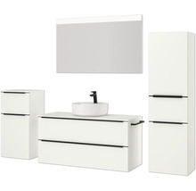 Badezimmerensemble mit Waschtisch, Aufsatzwaschbecken, Spiegelschrank und Hochschrank