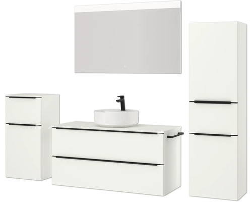 Badezimmerensemble mit Waschtisch, Aufsatzwaschbecken, Spiegelschrank und Hochschrank