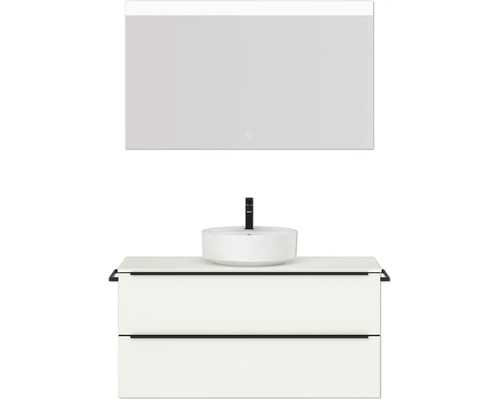 Badmöbel-Set NOBILIA Programm 3 BxHxT 121 x 169,1 x 48,7 cm Frontfarbe weiß matt mit Aufsatz-Waschtisch weiß und Spiegel mit LED-Beleuchtung Griffleiste schwarz 497