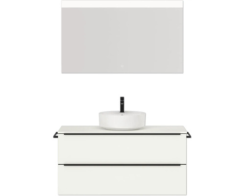 Badmöbel-Set NOBILIA Programm 3 BxHxT 121 x 169,1 x 48,7 cm Frontfarbe weiß matt mit Aufsatz-Waschtisch weiß und Spiegel mit LED-Beleuchtung Griffleiste schwarz 497 Badezimmer mit Waschbecken, Unterschrank und Spiegel