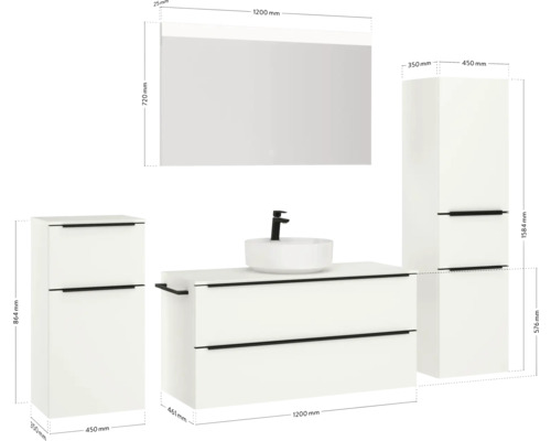 Badezimmer Set mit Waschtisch, Spiegel und Schränken mit Maßangaben