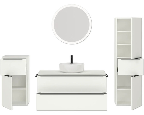 Badezimmermöbelset mit Spiegel, Waschbeckenunterschrank und Hochschränken