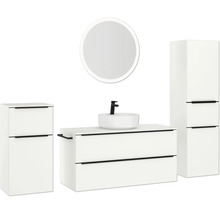 Badezimmerensemble mit Waschtischunterschrank, Aufsatzwaschbecken, Spiegelschrank und Hochschrank