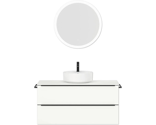 Badmöbel-Set NOBILIA Programm 3 BxHxT 121 x 169,1 x 48,7 cm Frontfarbe weiß matt mit Aufsatz-Waschtisch weiß und Spiegel rund mit LED-Beleuchtung Griffleiste schwarz 513