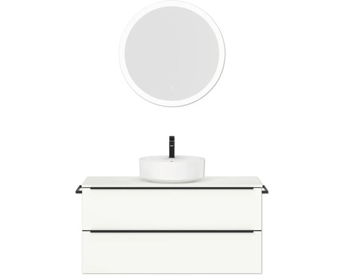 Badmöbel-Set NOBILIA Programm 3 BxHxT 121 x 169,1 x 48,7 cm Frontfarbe weiß matt mit Aufsatz-Waschtisch weiß und Spiegel rund mit LED-Beleuchtung Griffleiste schwarz 513 Badezimmer-Ensemble mit rundem Spiegel, Aufsatzwaschbecken und Unterschrank