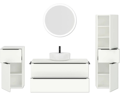 Modernes Badezimmer-Set mit Waschbecken, Unterschrank, Seitenschrank und rundem Spiegel