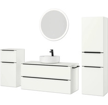 Badezimmerensemble mit Waschtisch, Aufsatzwaschbecken, Spiegelschrank und Seitenschrank