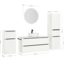 Badezimmerensemble mit Waschtischunterschrank, Aufsatzwaschbecken, Spiegelschrank und Hochschrank