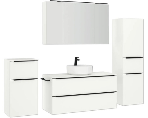 Badezimmerensemble mit Waschtisch, Waschbecken, Spiegelschrank und Hochschrank