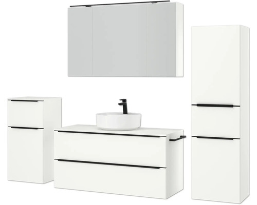 Modernes Badezimmer-Set mit Waschbeckenunterschrank, Hängeschrank und Hochschrank für eine stilvolle Einrichtung
