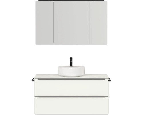 Badmöbel-Set NOBILIA Programm 3 BxHxT 121 x 169,1 x 48,7 cm Frontfarbe weiß matt mit Aufsatz-Waschtisch und Spiegelschrank 3-türig mit LED-Beleuchtung Griffleiste schwarz 505