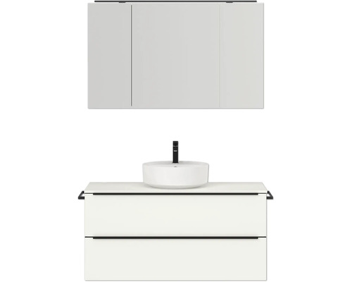 Badmöbel-Set NOBILIA Programm 3 BxHxT 121 x 169,1 x 48,7 cm Frontfarbe weiß matt mit Aufsatz-Waschtisch und Spiegelschrank 3-türig mit LED-Beleuchtung Griffleiste schwarz 505 Waschtisch mit Aufsatzwaschbecken, Armatur und Spiegelschrank für das Badezimmer