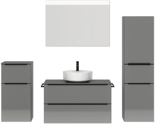 Badmöbel-Set NOBILIA Programm 3 BxHxT 210 x 169,1 x 48,7 cm Frontfarbe grau hochglanz mit Aufsatz-Waschtisch weiß und Spiegel mit LED-Beleuchtung Midischrank Unterschrank Griffleiste schwarz 469