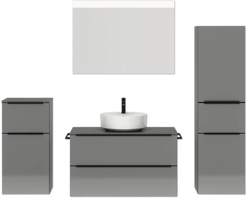 Badmöbel-Set NOBILIA Programm 3 BxHxT 210 x 169,1 x 48,7 cm Frontfarbe grau hochglanz mit Aufsatz-Waschtisch weiß und Spiegel mit LED-Beleuchtung Midischrank Unterschrank Griffleiste schwarz 469 Badmöbel-Set NOBILIA Programm 3 BxHxT 210 x 169,1 x 48,7 cm Frontfarbe grau hochglanz mit Aufsatz-Waschtisch weiß und Spiegel mit LED-Beleuchtung Midischrank Unterschrank Griffleiste schwarz 469