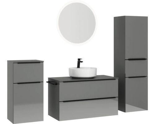 Badezimmer-Set mit Waschtisch, Aufsatzwaschbecken, Spiegelschrank und Hochschrank