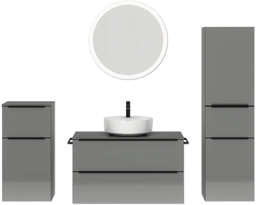 Badmöbel-Set NOBILIA Programm 3 BxHxT 210 x 169,1 x 48,7 cm Frontfarbe grau hochglanz mit Aufsatz-Waschtisch weiß und Spiegel rund mit LED-Beleuchtung Midischrank Unterschrank Griffleiste schwarz 485 Badmöbel-Set NOBILIA Programm 3 BxHxT 210 x 169,1 x 48,7 cm Frontfarbe grau hochglanz mit Aufsatz-Waschtisch weiß und Spiegel rund mit LED-Beleuchtung Midischrank Unterschrank Griffleiste schwarz 485