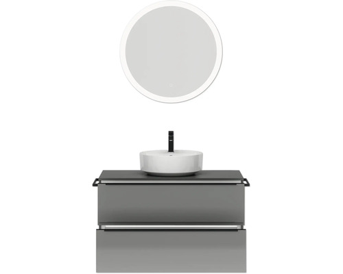 Badezimmerensemble mit rundem Spiegel, Aufsatzwaschbecken und Waschtischunterschrank