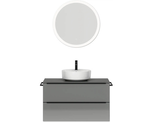 Badmöbel-Set NOBILIA Programm 3 BxHxT 101 x 169,1 x 48,7 cm Frontfarbe grau hochglanz mit Aufsatz-Waschtisch weiß und Spiegel rund mit LED-Beleuchtung Griffleiste schwarz 461