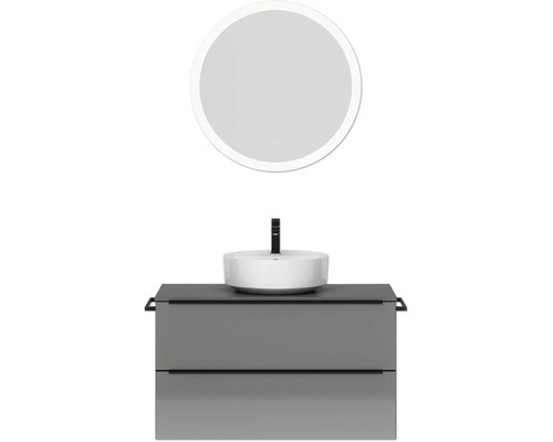 Badmöbel-Set NOBILIA Programm 3 BxHxT 101 x 169,1 x 48,7 cm Frontfarbe grau hochglanz mit Aufsatz-Waschtisch weiß und Spiegel rund mit LED-Beleuchtung Griffleiste schwarz 461 Badezimmer mit Waschtischunterschrank, Aufsatzwaschbecken, Armatur und Spiegel