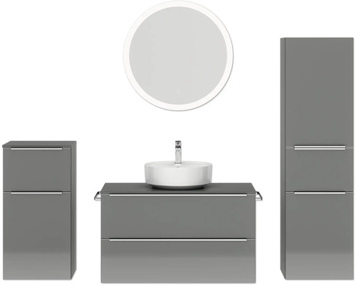 Badmöbel-Set NOBILIA Programm 3 BxHxT 210 x 169,1 x 48,7 cm Frontfarbe grau hochglanz mit Aufsatz-Waschtisch weiß und Spiegel rund mit LED-Beleuchtung Midischrank Unterschrank Griffleiste chrom matt 484 Badmöbel-Set NOBILIA Programm 3 BxHxT 210 x 169,1 x 48,7 cm Frontfarbe grau hochglanz mit Aufsatz-Waschtisch weiß und Spiegel rund mit LED-Beleuchtung Midischrank Unterschrank Griffleiste chrom matt 484