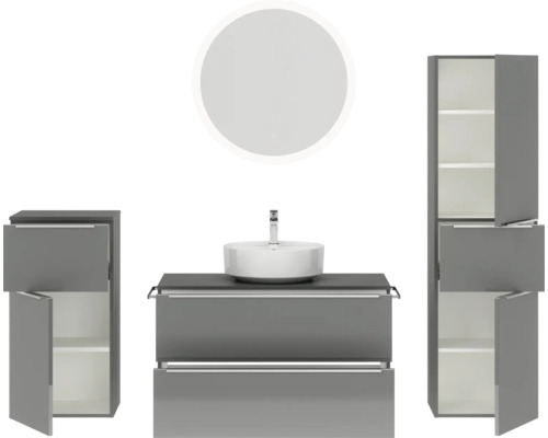 Graues Badezimmer-Set mit Waschbecken, Spiegel und Stauraum