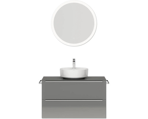 Badmöbel-Set NOBILIA Programm 3 BxHxT 101 x 169,1 x 48,7 cm Frontfarbe grau hochglanz mit Aufsatz-Waschtisch weiß und Spiegel rund mit LED-Beleuchtung Griffleiste chrom matt 460 Badezimmermöbelset mit Aufsatzwaschbecken und Spiegel