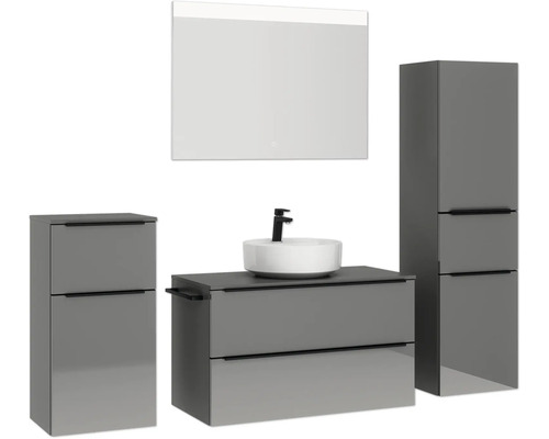 Badezimmerensemble mit Waschtisch, Aufsatzwaschbecken, Spiegelschrank und Hochschrank