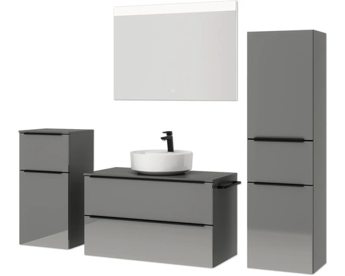 Graue Badezimmermöbel mit Waschtisch, Spiegel und Hochschrank