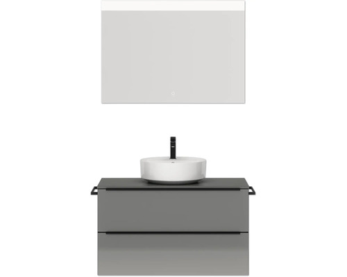 Badmöbel-Set NOBILIA Programm 3 BxHxT 101 x 169,1 x 48,7 cm Frontfarbe grau hochglanz mit Aufsatz-Waschtisch weiß und Spiegel mit LED-Beleuchtung Griffleiste schwarz 445